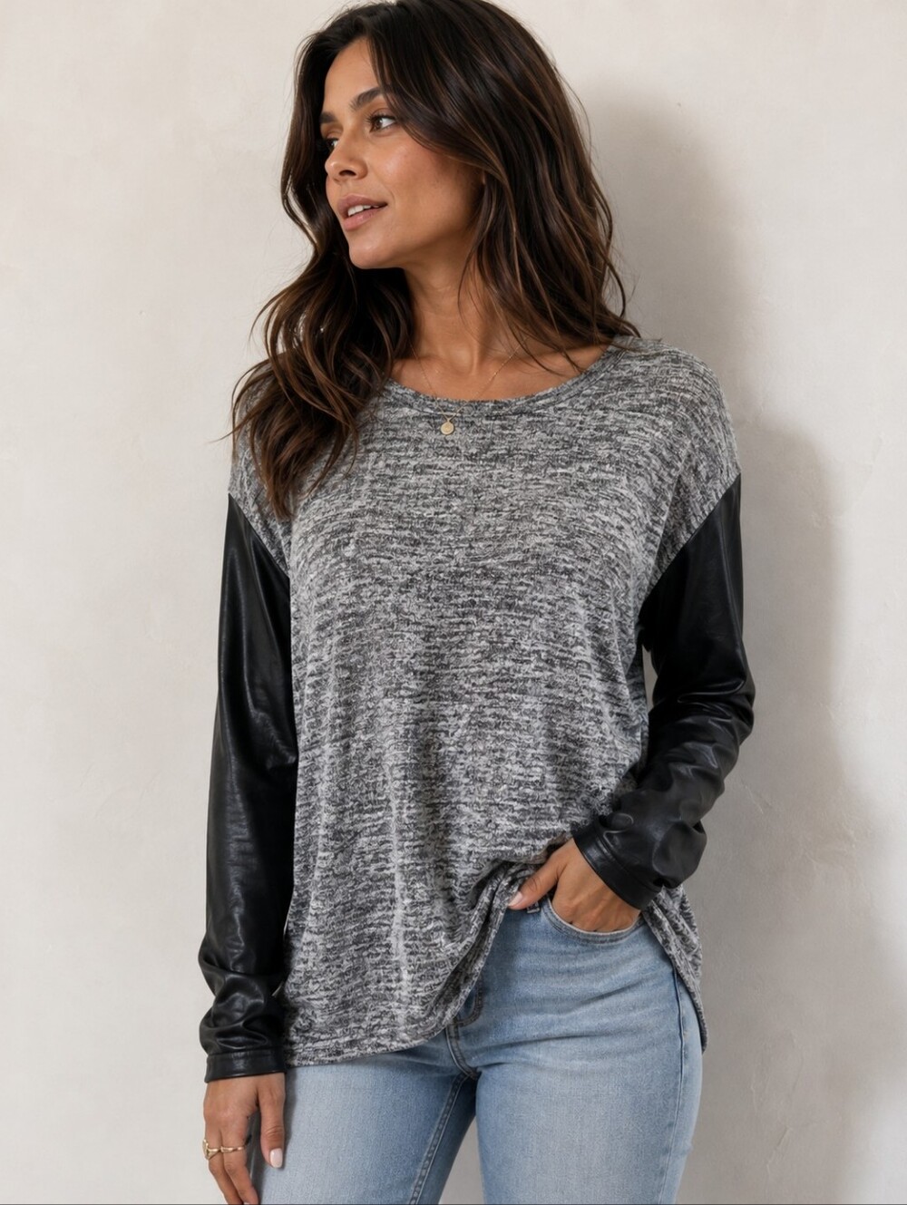 ASOS LEATHER SLEEVE HEATHERED GREY KNIT TOP SZ 14